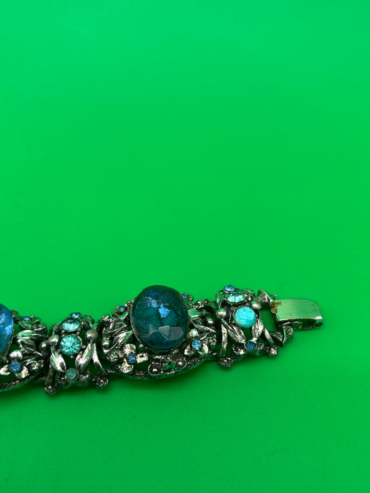 Vintage Unsigned Selro / Selini Style Blue Glass Rhinestone Statement Bracelet