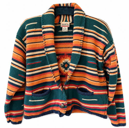 Vintage Santa Fe Southwestern Cardigan Sweater Women M Ramie Cotton Aztec Boho