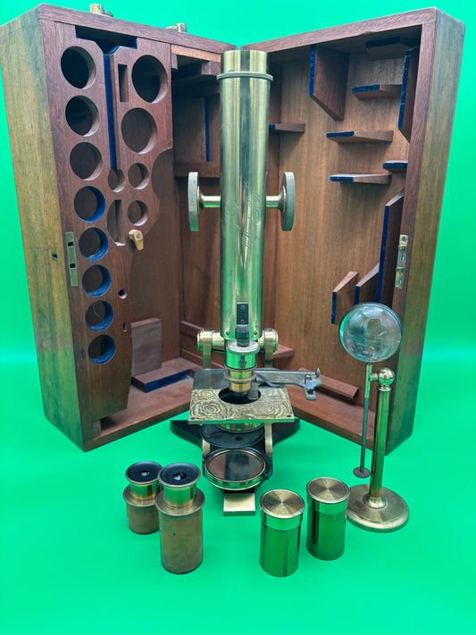 c.1871 H. Crouch London Antique Brass Microscope #689 Case Accessories