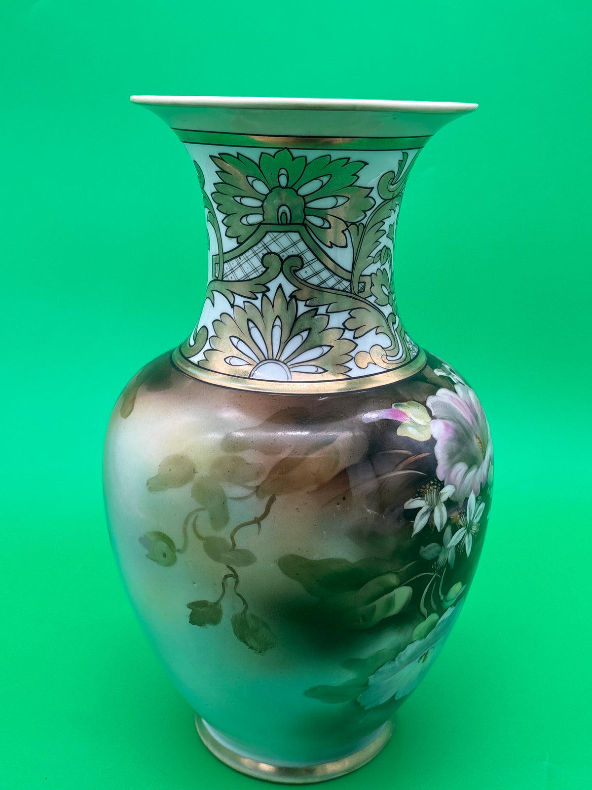 Vintage Noritake Hand Painted Japan 11” Floral Vase Pink Flowers Gold Gilt