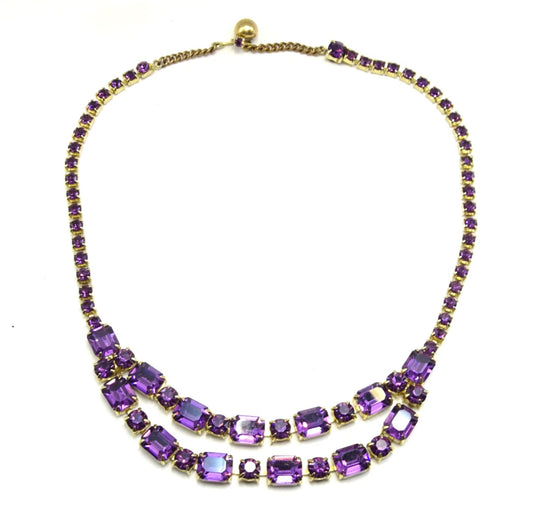 Vintage Purple Amethyst Rhinestone Crystal Costume Jewelry Necklace Art Deco Style