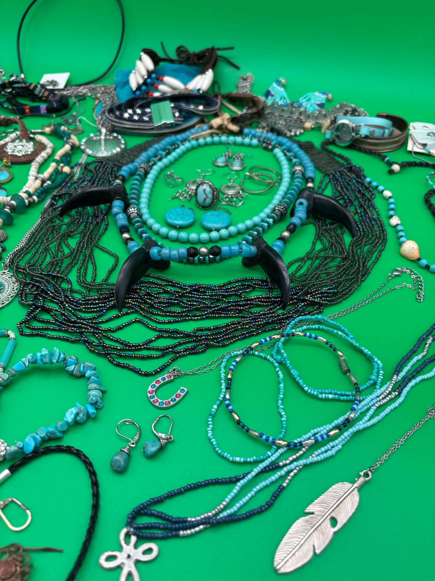 Large Boho Southwestern Jewelry Lot Turquoise Tribal Silver Tone Statement Necklaces Bracelets