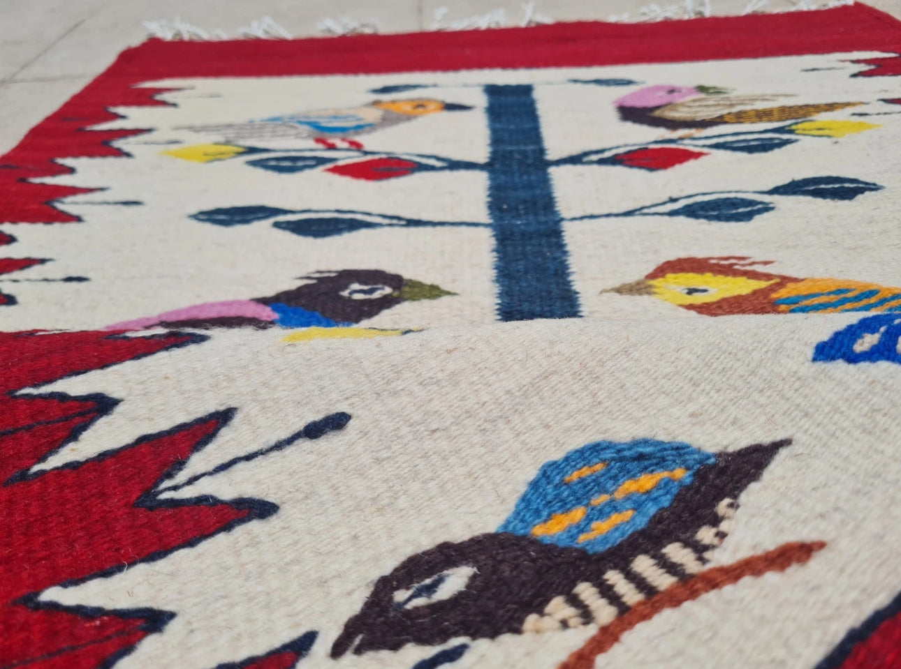 Vintage Hand Knotted Kilim Wool Area Rug Red Bird Tree Design Tribal Folk Art Rug 3.2’ x 1.1’