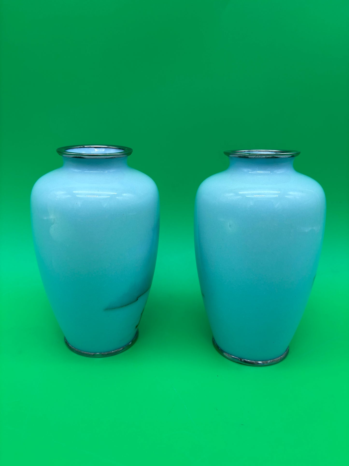 Pair Antique Japanese Musen Cloisonne Mt Fuji Pagoda Landscape Vases 4.5”