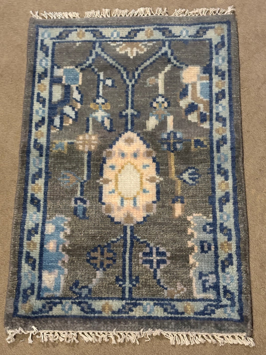 Handmade Oushak Style Wool Accent Rug 2x3 Gray Blue Turkish Floral Boho Decor