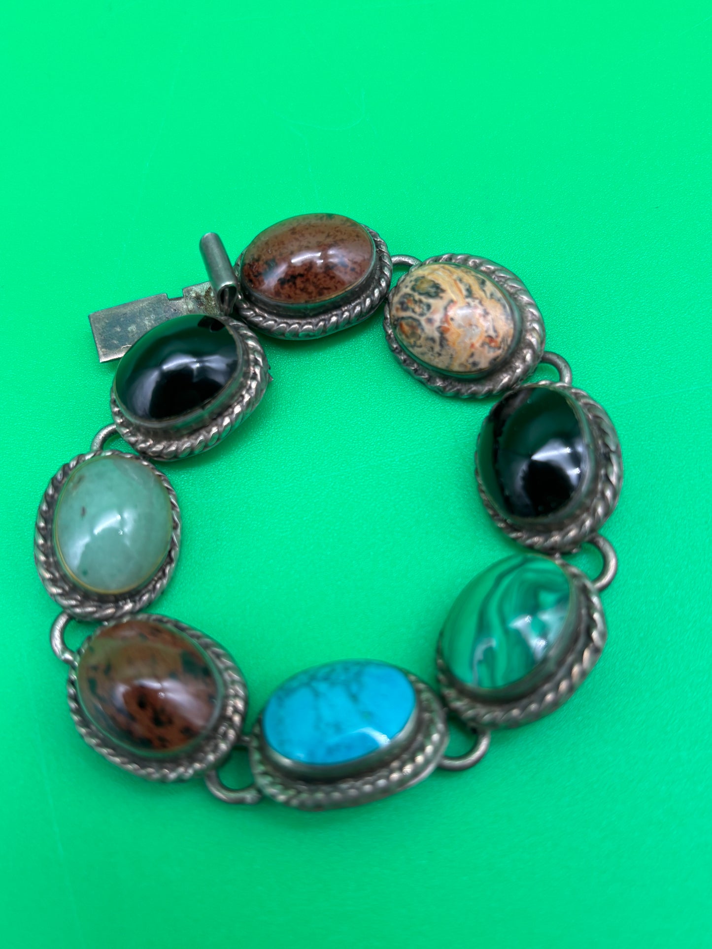 Vintage Taxco Mexico Sterling Silver Multi Stone Bracelet 925 TA-95 58g