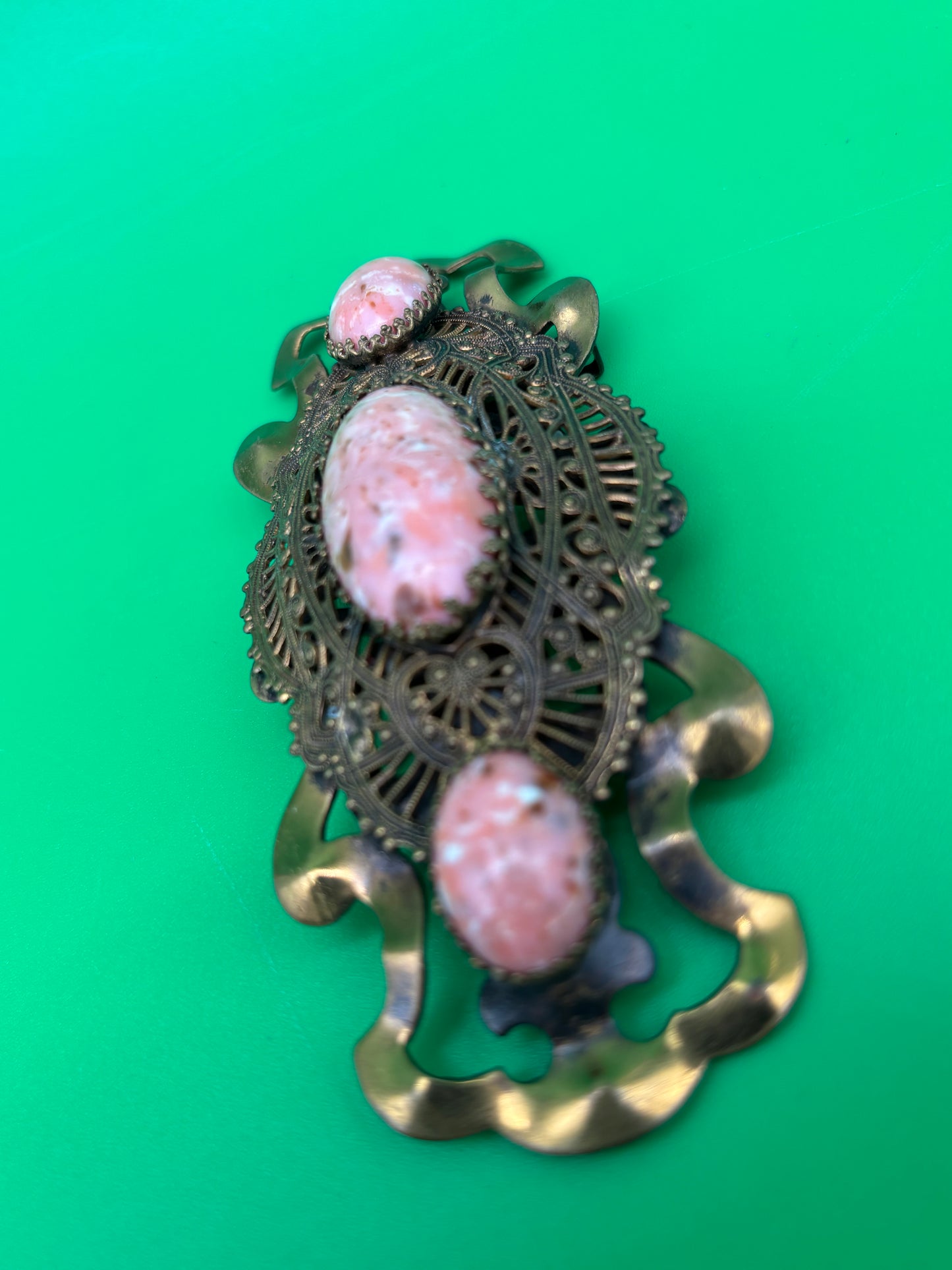 Vintage Art Nouveau Filigree Sash Pin Brooch Pink Marbled Glass Cabochons Antique Style