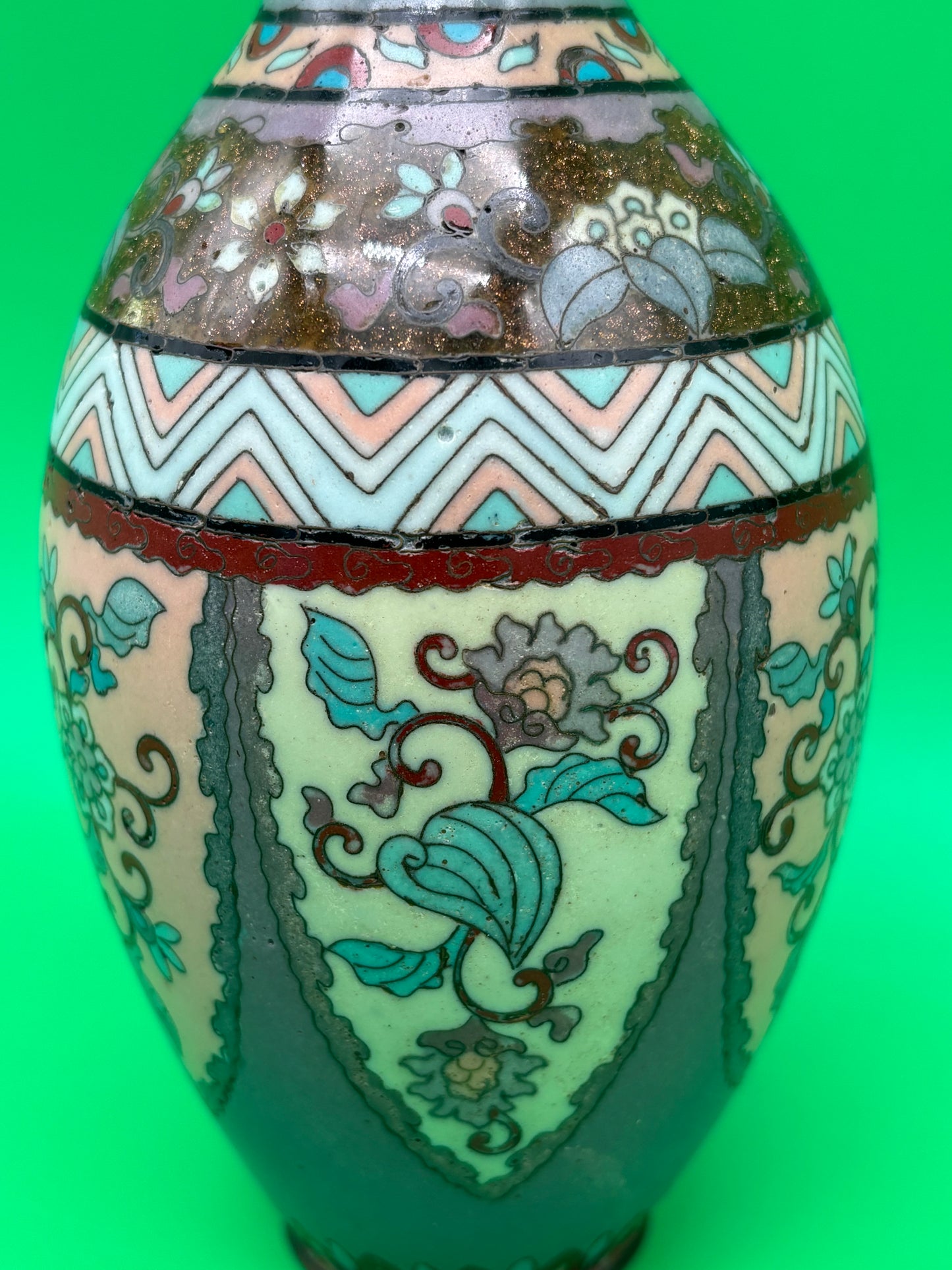 Antique Meiji Japanese Goldstone Cloisonne Enamel Pastel Floral Vase 7 1/4”