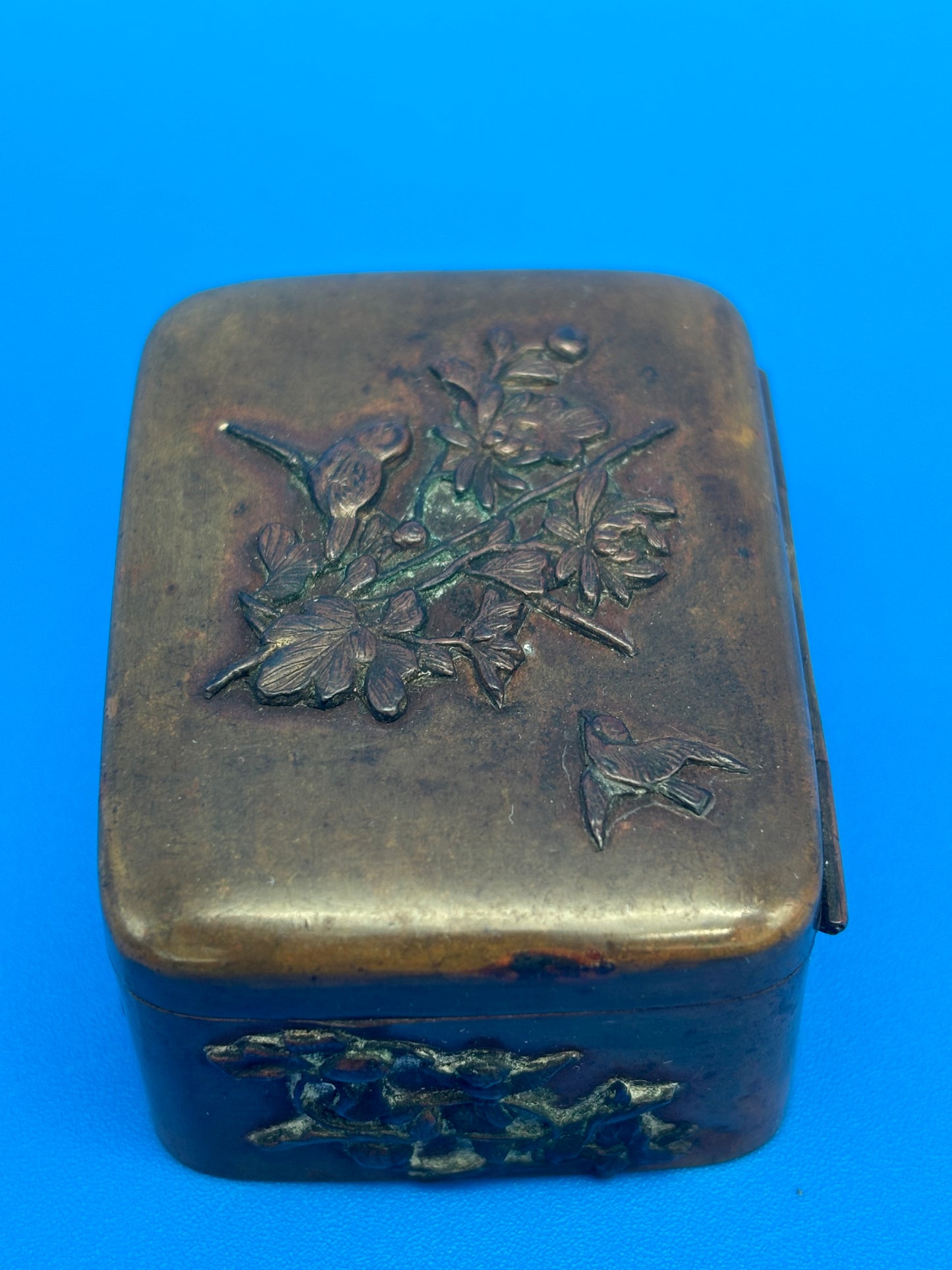 Antique Japanese Meiji Mixed Metal Bronze Brass Trinket Box Bird Flowers