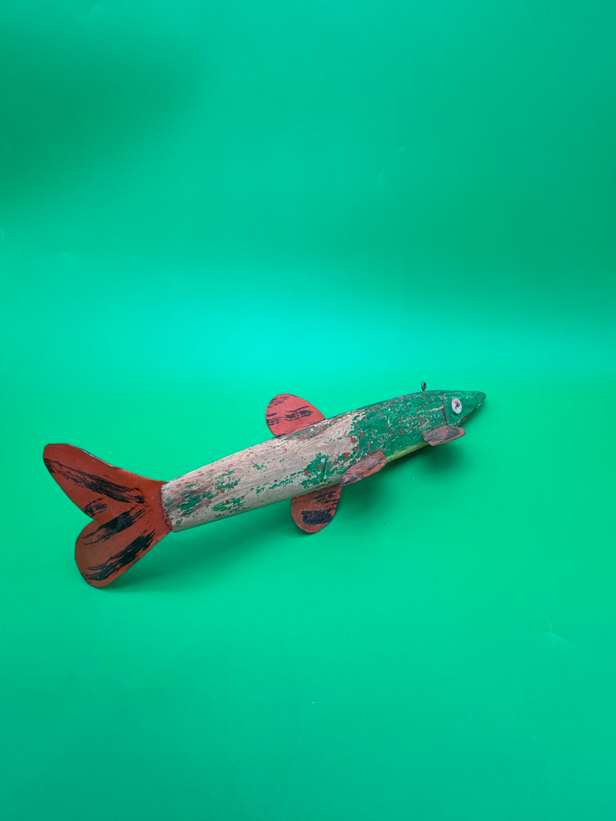 Vintage Folk Art Wooden Fish Spearing Decoy 12” Hand Carved Painted Metal Fins