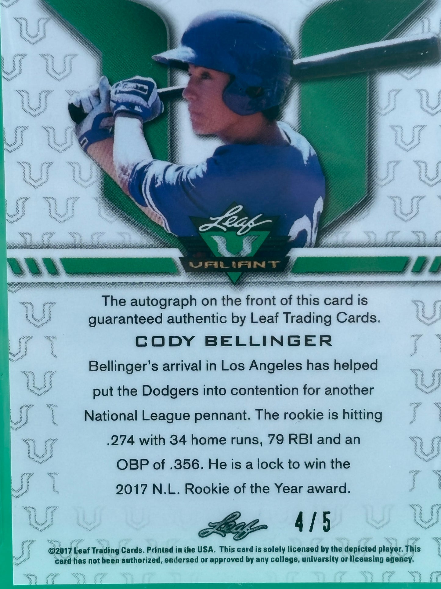 2017 Leaf Valiant Black Cody Bellinger Auto /5 BGS 10 Pristine Auto 10 #BA-CB1