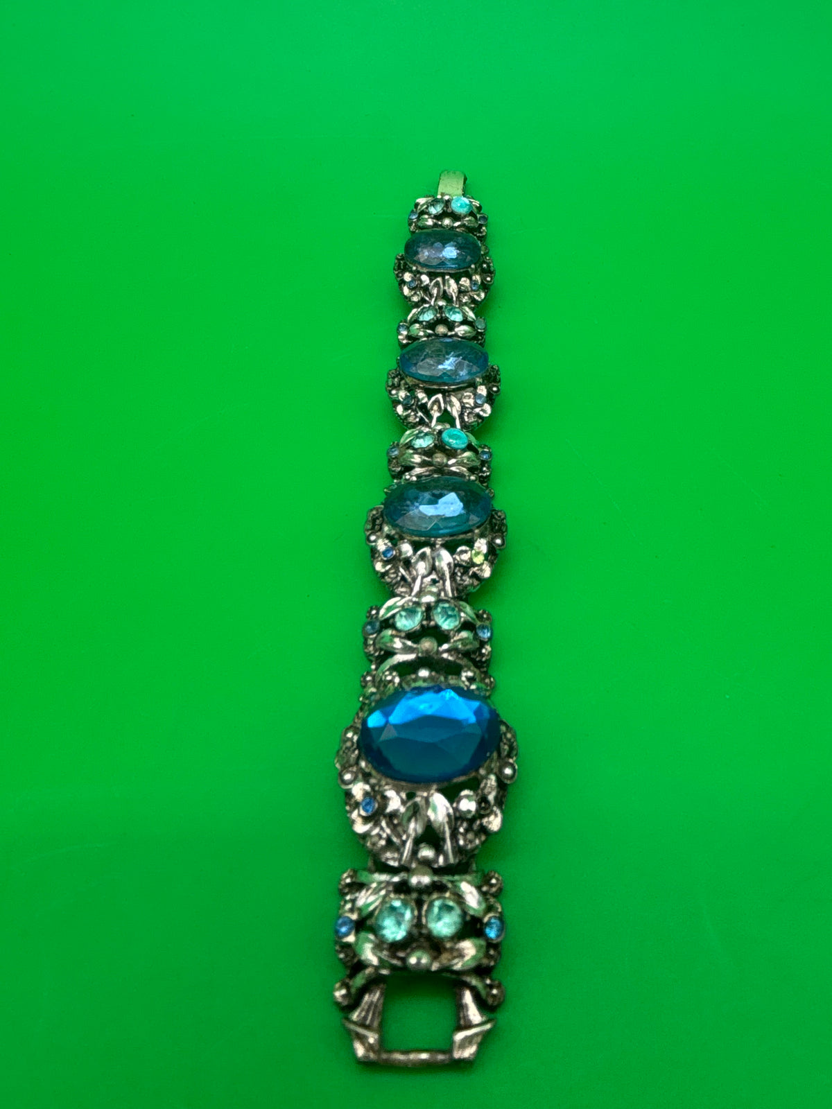 Vintage Unsigned Selro / Selini Style Blue Glass Rhinestone Statement Bracelet