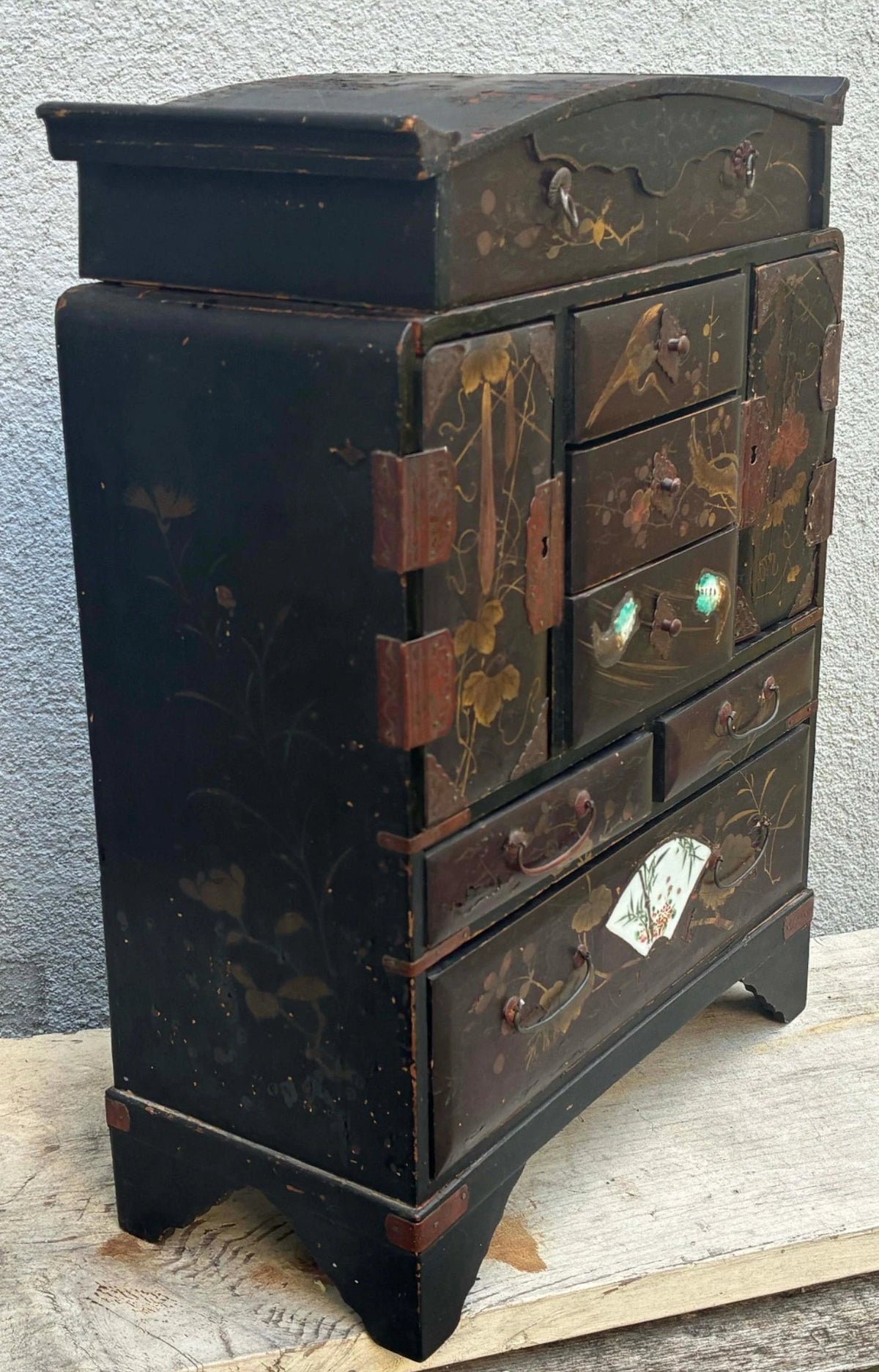 Antique Japanese Meiji Kodansu Lacquer Cabinet Birds Flowers 10 Drawer 16”
