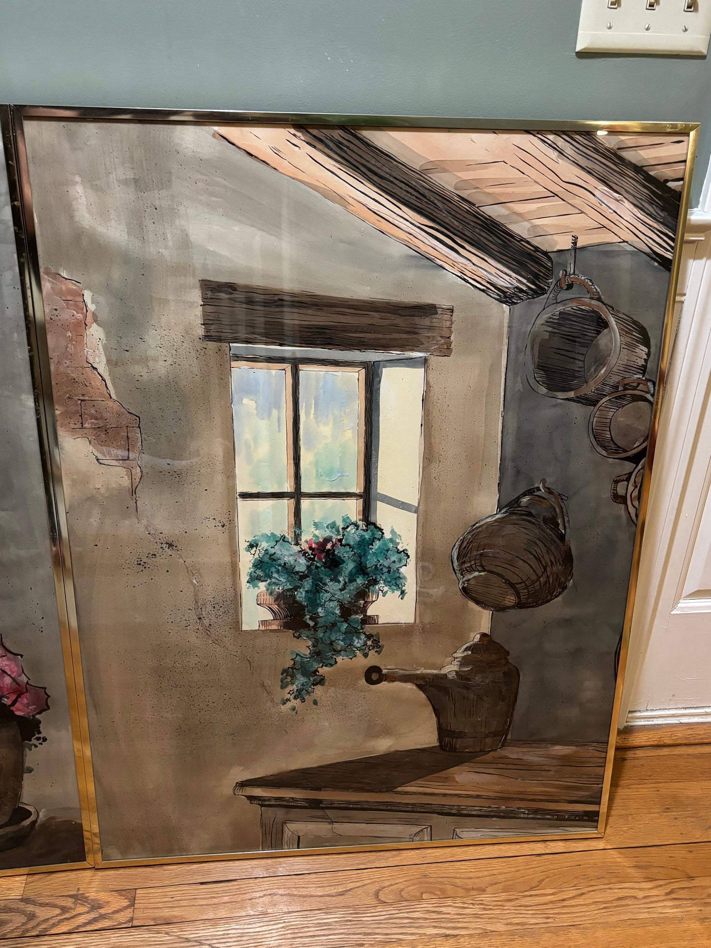 Vintage Antique Glass Frame Canvas Painting "Country Window" by Artist Alberto