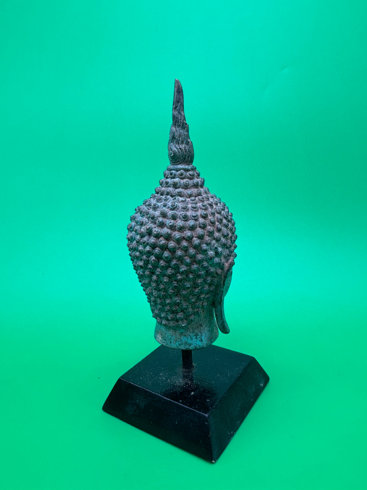 Vintage Thai Bronze Buddha Head Sculpture Flame Ushnisha Patina Wood Stand