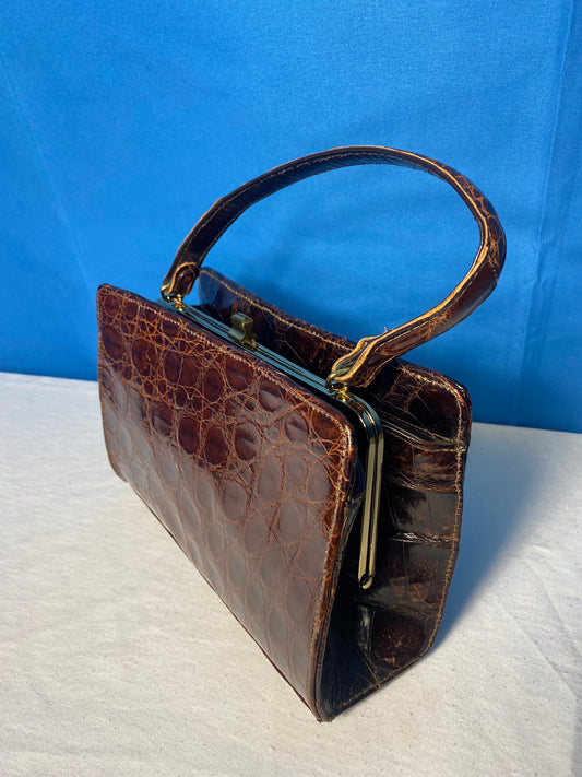 Classy Alligator Pattern With Clasp Handbag Brass Accents, Pockets, Change Purse, and Mirror